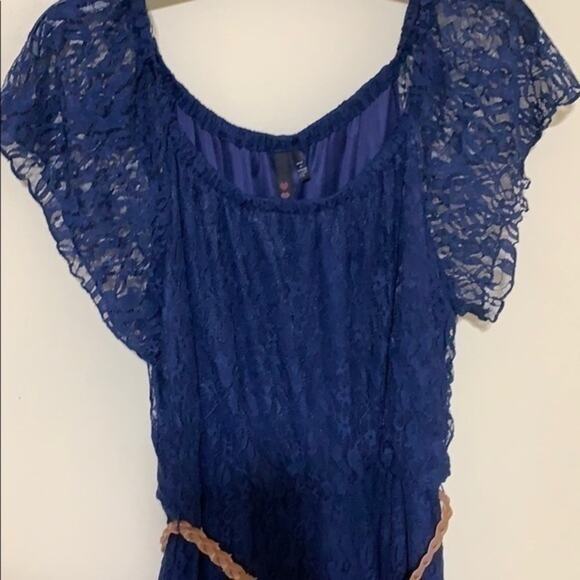 Blue Lace Dress Sheer Short Sleeve Slip Juniors Size Large - Picture 3 of 5